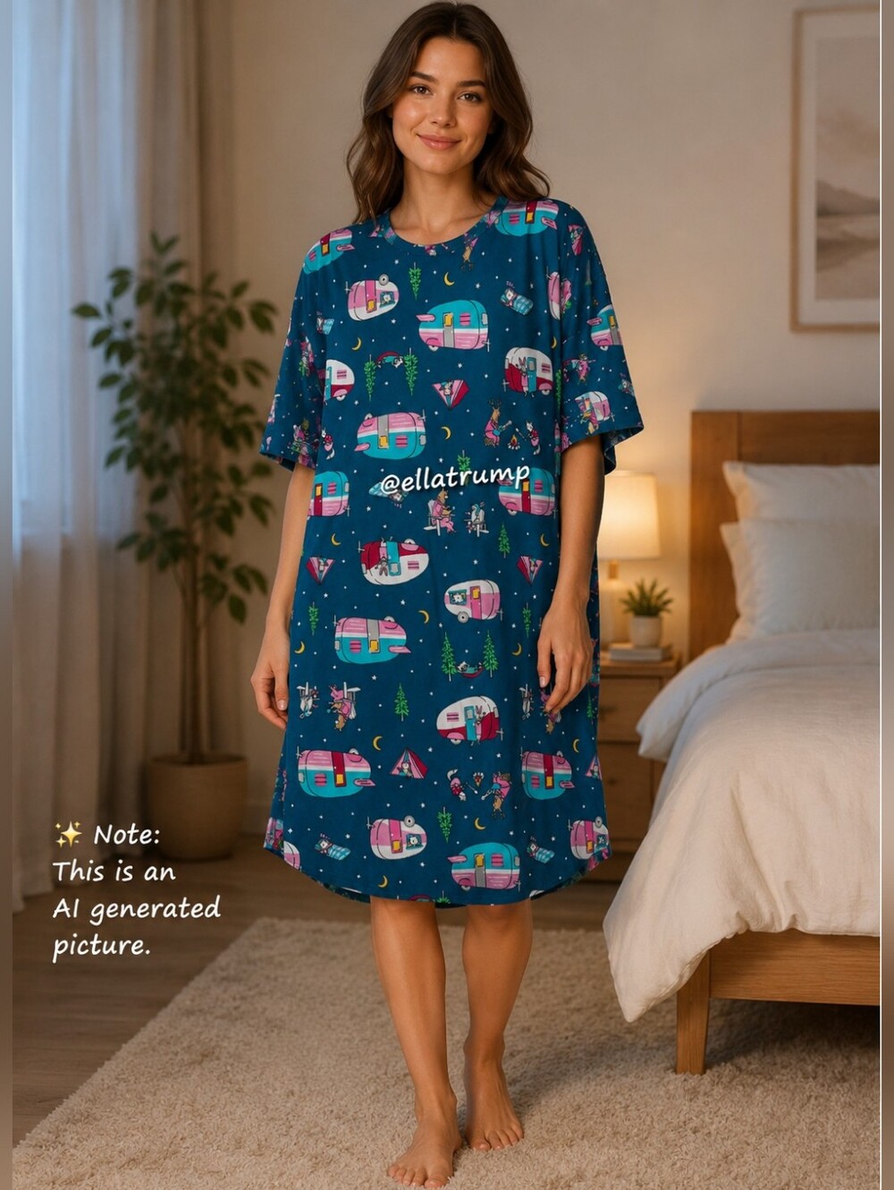 Secret Treasures Nightshirt Blue Camp Trailer Whimsical Critter pattern XL